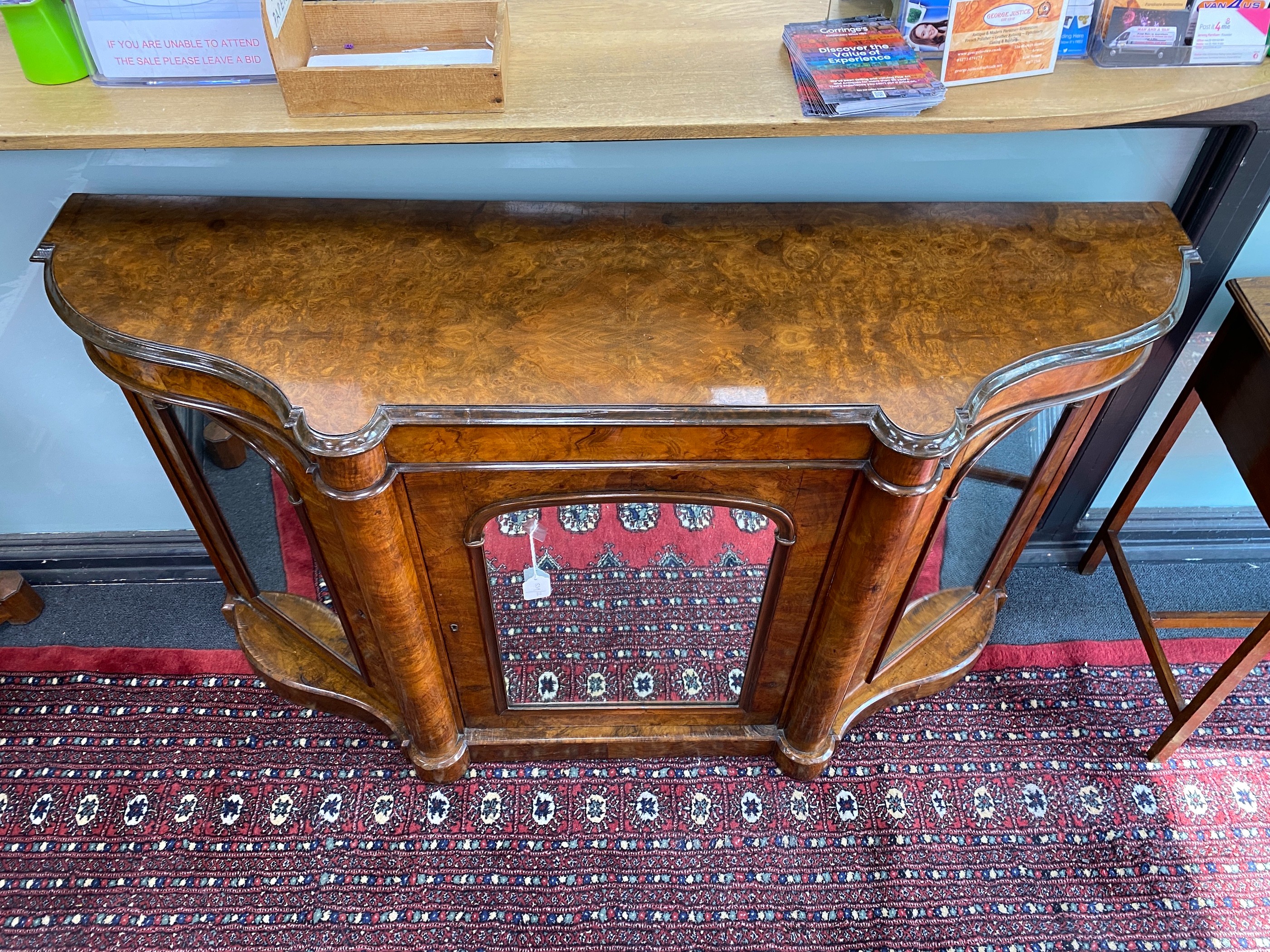 A Victorian walnut mirrored side cabinet, width 150cm, depth 45cm, height 88cm